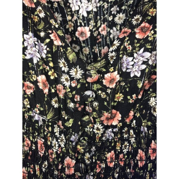 Forever 21 Floral Crop Blouse M Shirred Peasant Prairie Hippie Boho Black Pink - Picture 4 of 6